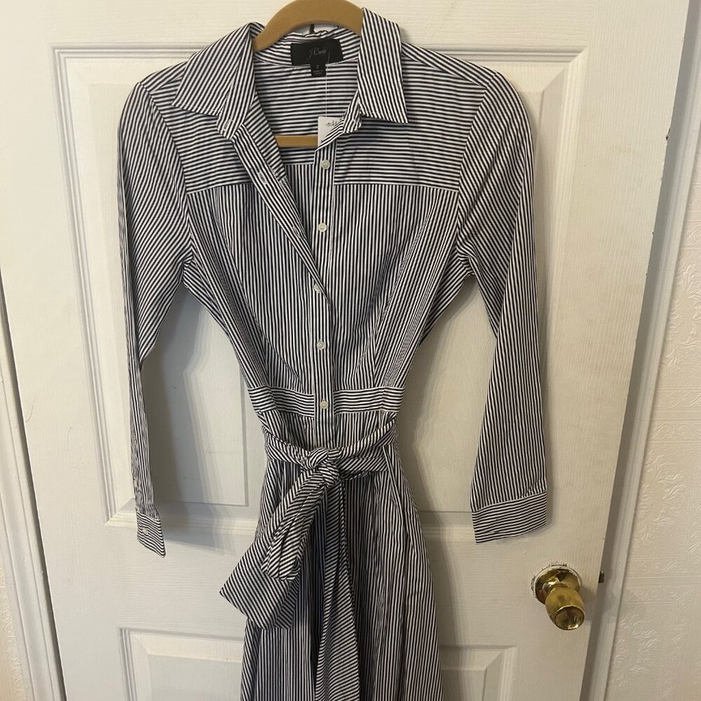 NWT J.Crew Tie-Waist Shirtdress in Stripe, White Navy, Size 2